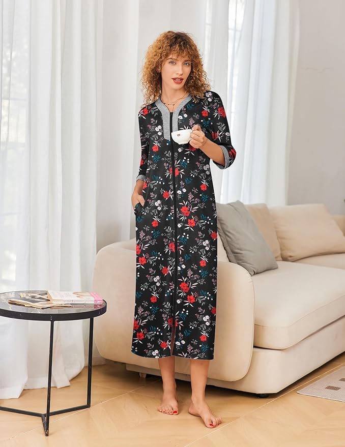 Ekouaer Women's Zipper Robe 3/4 Sleeves Housecoat Full Length Nightgown Soft Loungewear Robe with Pockets S-3XL