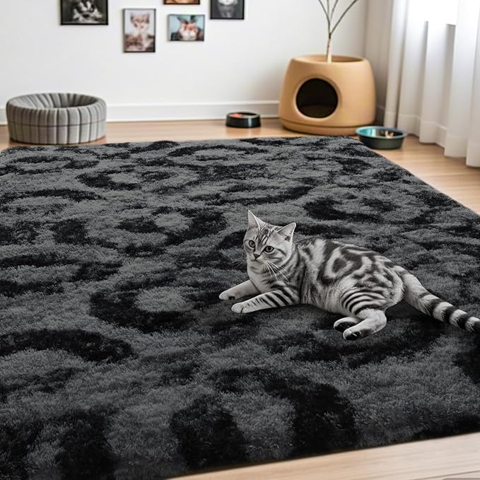 ISEAU 5x7 Rug for Bedroom, Charcoal Gray Geometric Pattern Fluffy Rug for Living Room, Kitchen, Soft Shag Carpets, Plush and Machine Washable Mats, Nursery Floors Mat, Boys Room Carpet Decor
