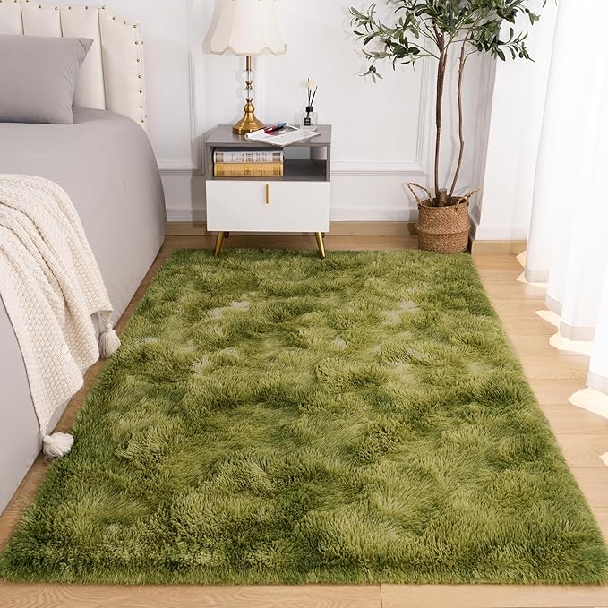 Softlife Area Rug for Living Room, Fluffy Shag Plush 5x8 Green Rugs for Bedroom Girls Kids, Shaggy Soft Fuzzy Tie Dyed Large Carpet for Dorm Bedside Ultra Cozy Non-Slip Indoor Decor