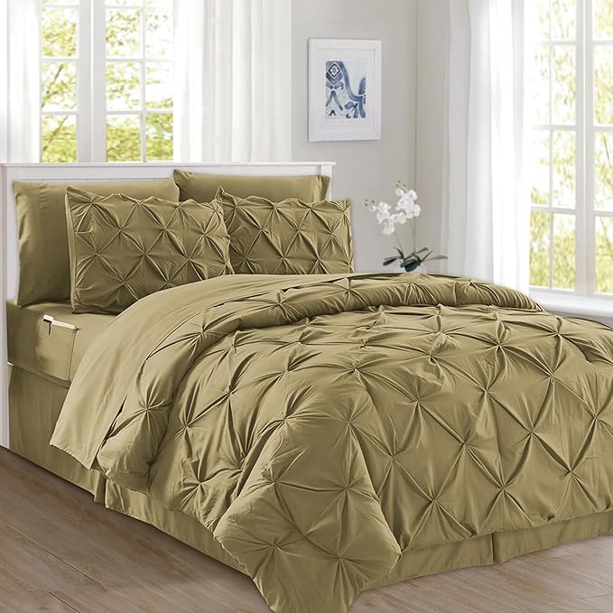 Elegant Comfort 8-Piece Pinch Pleated Comforter Set - All Season Complete Bed in a Bag, Includes 4pc Smart Sheet Set, Bed Skirt, Comforter, Matching Pillowcases and Shams, Twin/Twin XL, Khaki