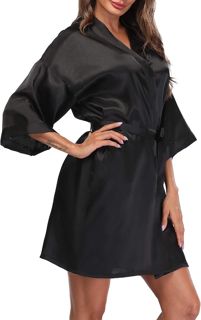 Women's Satin Kimono Robes Short Silky Bathrobe Solid Color/Floral Bridal Wedding Party