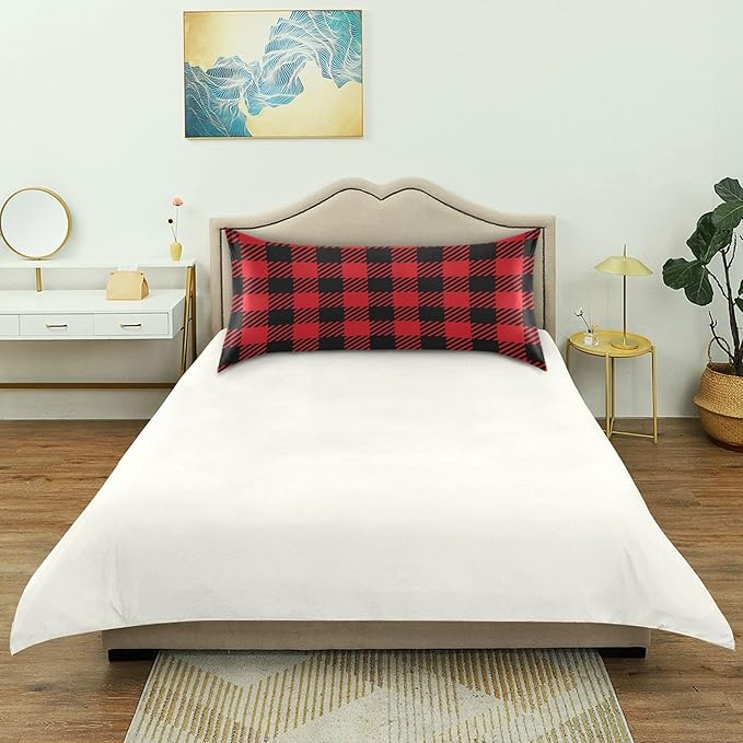 Christmas and New Year Buffalo Plaid Satin Pillowcase for Hair and Skin, Red and Black Buffalo Check Plaid Silk Pillow Case with Envelope Closure, Standard Size 20x26 inches, 1 PC