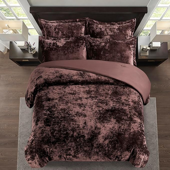 Fredsure Distressed Velvet Comforter Set, 5 Pieces Brown Queen, Distressed Velvet Face and Brushed Microfiber Reverse