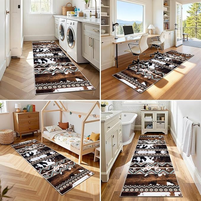Western Cow Hide Kitchen Runner Rugs,4x12ft,Rustic Brown Cowprint Rugs,Southwestern Aztec Native American Rug,Faux Fur Animal Print Cabin Runner Rug,Soft Non-Slip for Bedside Hallway Entryway