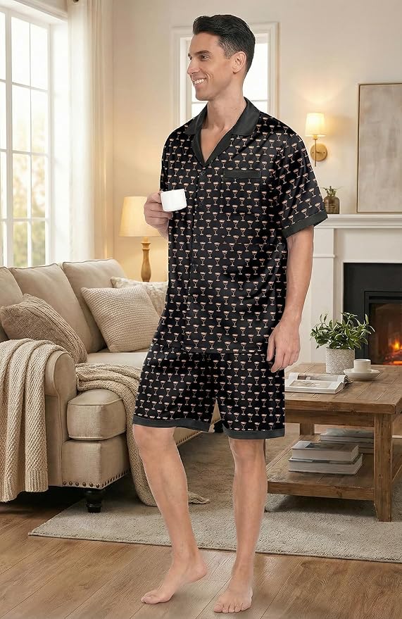 Ekouaer Men Satin Silk Pajamas Set with Pockets Sleepwear Shorts Satin Summer Loungewear 2 Piece Button Down Set S-3XL