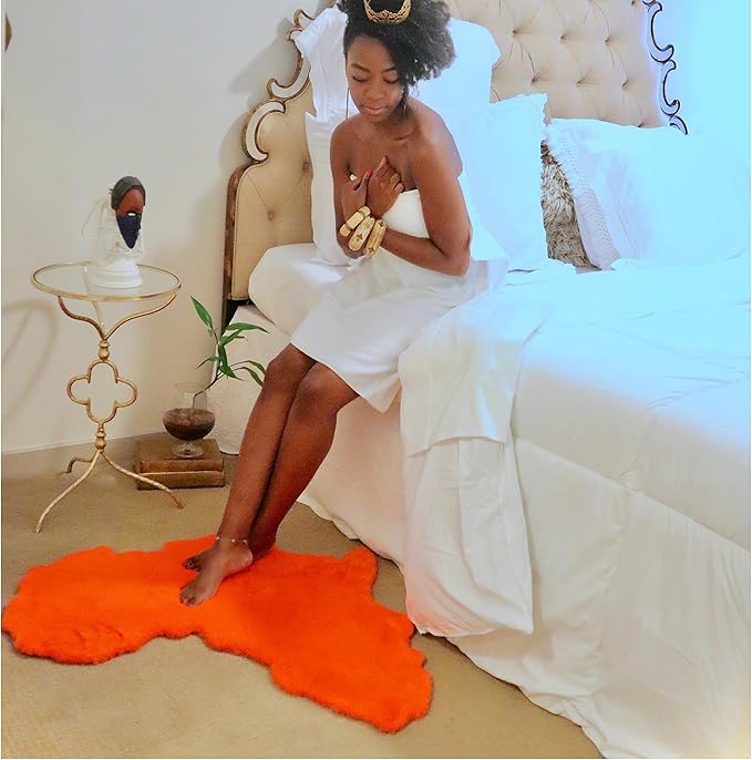 Lith African Map Faux Rabbit Fur Area Rug & Throw - Client Call It Impactful Gift- Soft Plush Luxurious Chair Couch Sofa Bed Cover or Nursery Floor - 3x3 ft (Orange)
