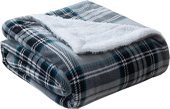 Elegant Comfort Throw Blanket, Reversible Sherpa Flannel, Ultra-Soft, Fuzzy, Cozy and Plush- All Season Lightweight Decorative Throw, 50 x 60 inches, Plaid Design Sherpa Throw, Silver Gray