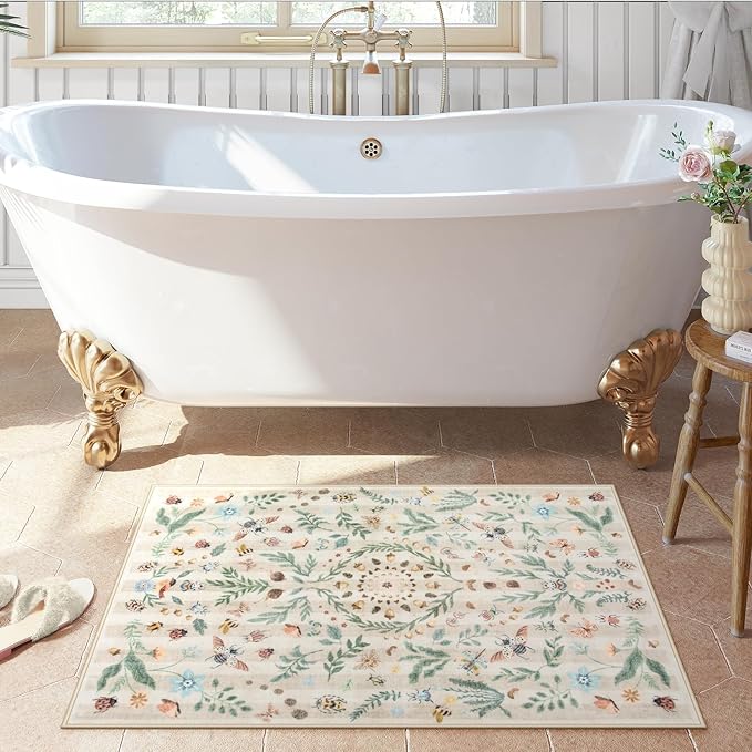 Lahome Chloe Insect Botanical Beige 2x3 Bathroom Rugs Non Slip Washable Door Mat Indoor Entrance,Boho Small Kitchen Rugs,Floral Soft Indoor Carpet Throw Mat for Entryway Laundry Bedroom(Beige,2x3)