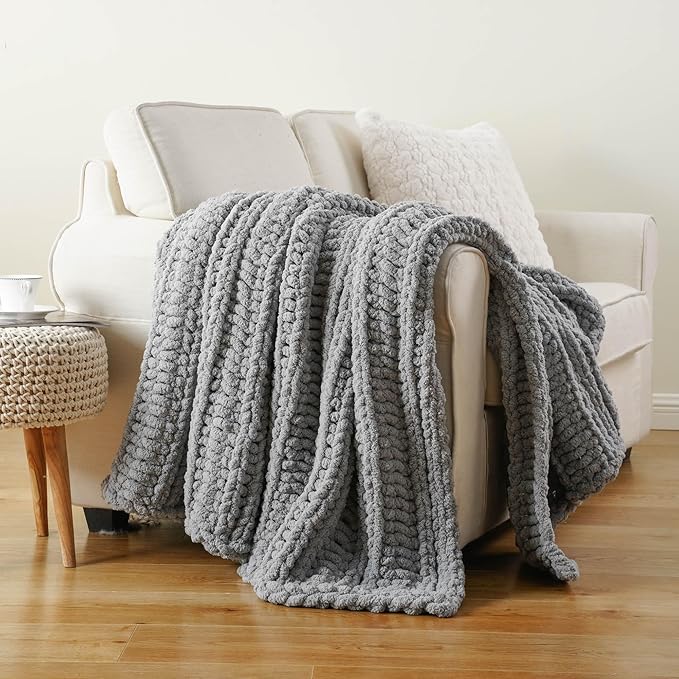 Battilo Light Grey Chunky Knit Throw Blanket for Couch, Thick Warm Cozy Soft Chenille Throw Blanket, Handmade Cable Knit Blanket for Sofa,Bed, Living Room, 50"x60"