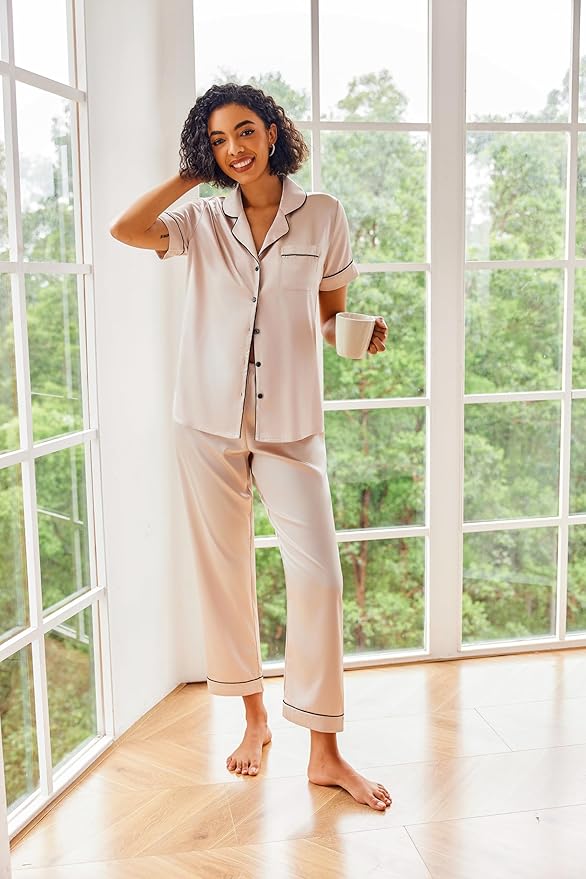 Ekouaer Silk Satin Pajamas Set Women Short Sleeve Sleepwear Soft Button Down Loungewear Pjs Set