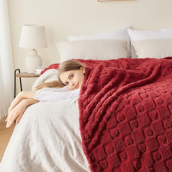 NEWCOSPLAY Super Soft King Blanket Red Premium Silky Flannel Fleece 3D Heart Checkered Lightweight Bed Blanket All Season Use (Red Heart, King(90"x110"))
