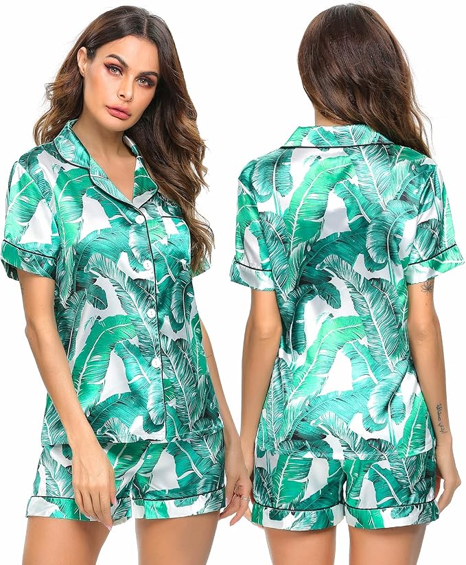 LecGee Womens Silk Satin Pajamas Short Sleeve Loungewear Two-Piece Sleepwear Button-Down Pj Set