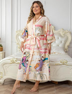 Women's Floral Long Satin Robes Plus Size Long Silk Robes Peacock Floral Kimonos Sleepwear Dressing Gown