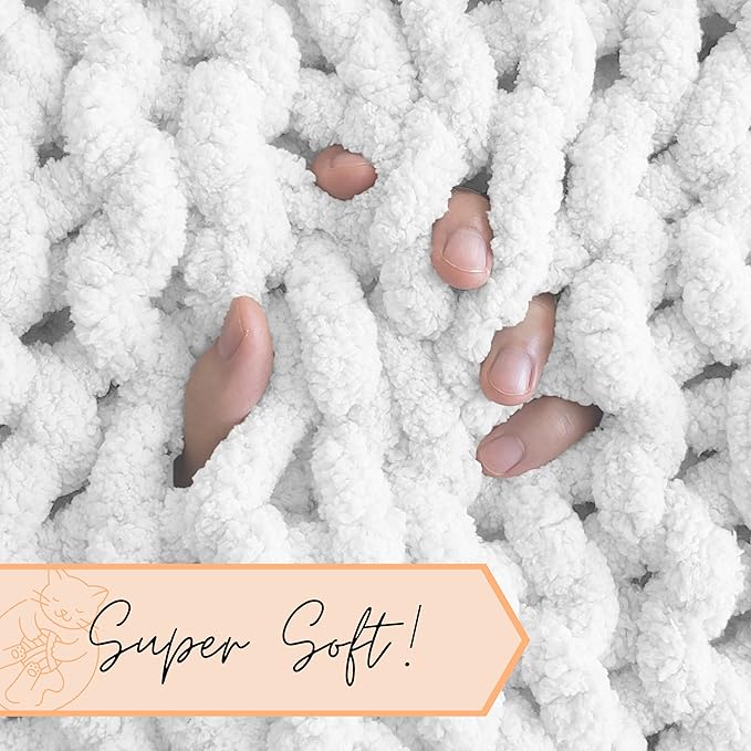 Adyrescia Chunky Knit Blanket Throw | 100% Hand Knit with Jumbo Chenille Yarn (50"x60", Bright White)
