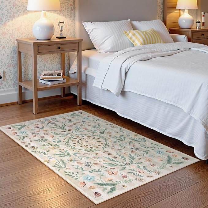 Lahome Chloe Insect Botanical 3x5 Washable Rugs for Entryway Soft Rug for Bedroom, Beige Kitchen Rugs Non Slip Washable, Boho Floral Indoor Throw Carpet for Bathroom Laundry Living Room(Beige,3x5)
