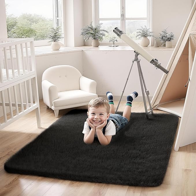 Shag 3x5 Area Rug, Black Rug for Bedroom Living Room, Non-Slip Ultra Soft Plush Fluffy Shaggy Fuzzy Rugs for Pet, Kids Room, Dorm, Bedside, Office, Entryway, Playroom, Bathroom, Modern Carpet