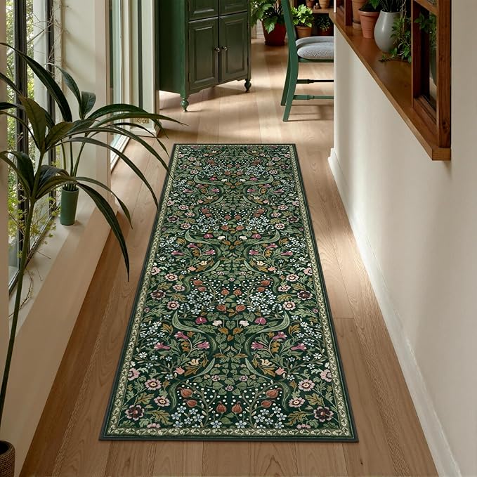 Lahome Claude Floral Hallway Runner, 2x6 Green Washable Runner Rug for Kitchen Non Slip, Soft Stain Resistant Long Carpet for Bathroom Entryway with Rubber Backing