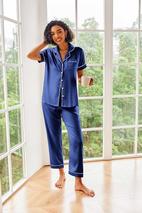 Ekouaer Silk Satin Pajamas Set Women Short Sleeve Sleepwear Soft Button Down Loungewear Pjs Set