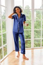 Ekouaer Silk Satin Pajamas Set Women Short Sleeve Sleepwear Soft Button Down Loungewear Pjs Set