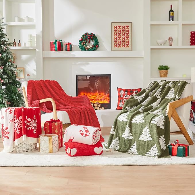 Douceur Christmas Red Throw Blanket for Bed, Soft Cozy Lightweight Stripe Pattern Knitted Throw Blanket for Sofa, Living Room Gift, 60"X80"