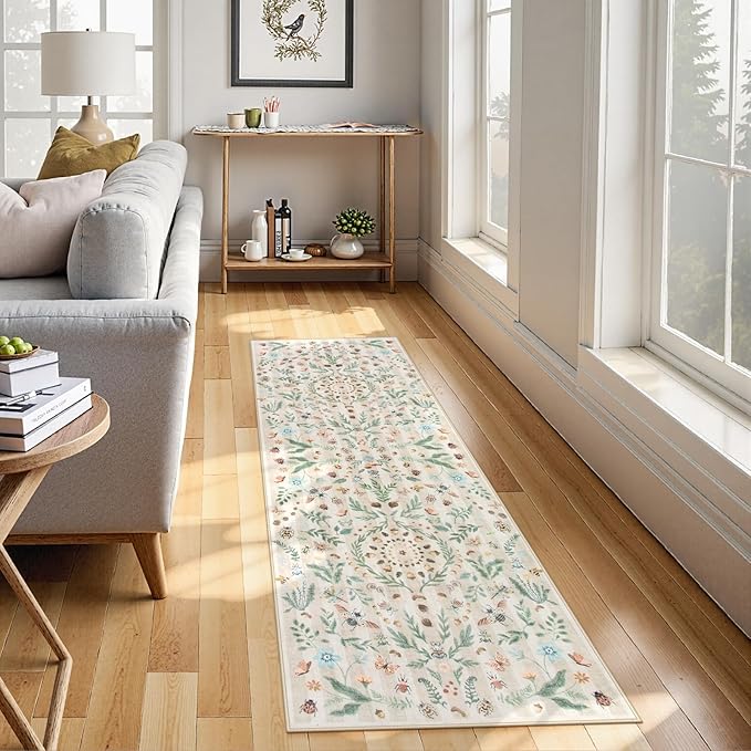 Lahome Chloe Insect Botanical Bathroom Beige Runners for Hallways, Non Slip Washable Kitchen Bathroom Carpet Runner,Soft Non Skid Indoor Rugs for Entryway Laundry Bedroom(Beige,2'6"x10')