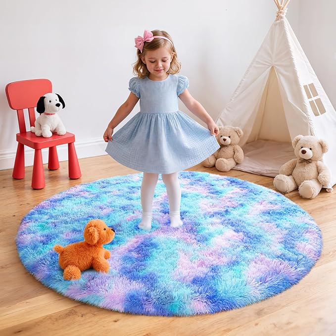 Blivonta Rainbow Round Rug for Bedroom, 4Ft Fluffy Circle Area Rugs for Living Room, Shag Fuzzy Carpet for Kids Room, Nursery, Dorm, Classroom, Teen, Cute Baby Play Mat Home Decor Aesthetic, Blue