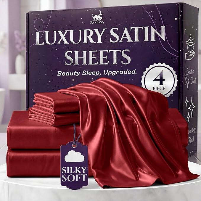 SLEEP SANCTUARY Satin Sheets King Size – 4 Piece Luxury Silky Bed Set, Softer Than Silk, 15" Deep Pocket, Cooling & Wrinkle-Free, Moisture-Wicking & Breathable for Hair & Skin (Red)