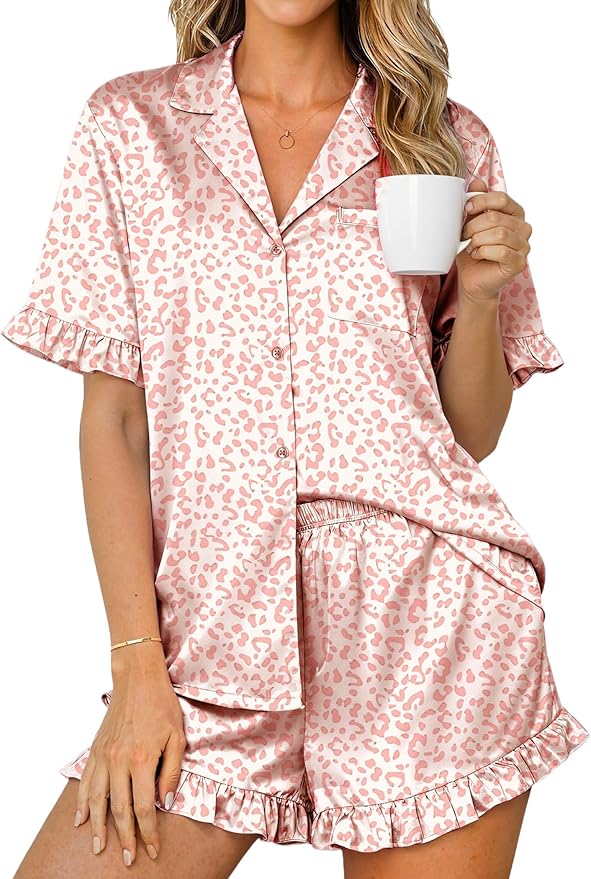 Ekouaer Womens Satin Pajamas Set 2 Piece Button Down Silk Pjs Ruffle Short Sleeve Shorts Set Notch Collar Sleepwear
