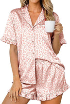 Ekouaer Womens Satin Pajamas Set 2 Piece Button Down Silk Pjs Ruffle Short Sleeve Shorts Set Notch Collar Sleepwear