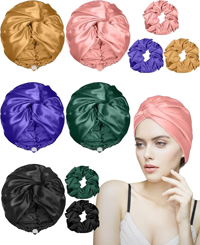Canlierr 5 Set Adjustable Silk Satin Bonnet for Sleeping Women Scrunchie Double Layer Night Cap Sleep Turban Hair Wrap Unisex