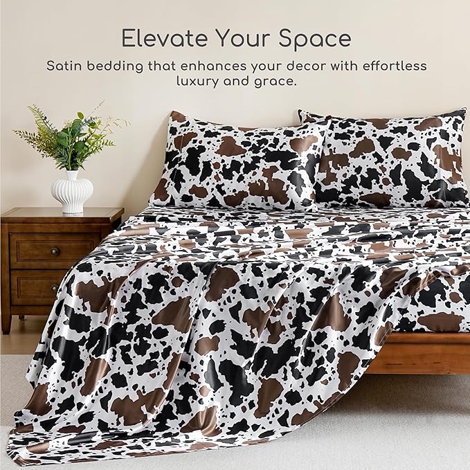 MR&HM Satin Sheets with Elastic Corner Straps, Twin XL Size 3-Piece Silky Bedding Set, Deep Pocket 15 Inches, Good for Hair & Skin (Twin XL, Cow Print)