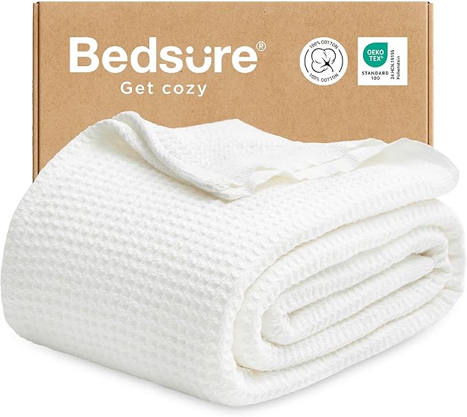 Bedsure Gentlesoft 100% Cotton Blanket Full Size for Bed - Cooling Breathable and Soft for Spring Summer, Thick Cozy Waffle Weave Cooling Blanket Gifts for Women, White, 80x90 Inches