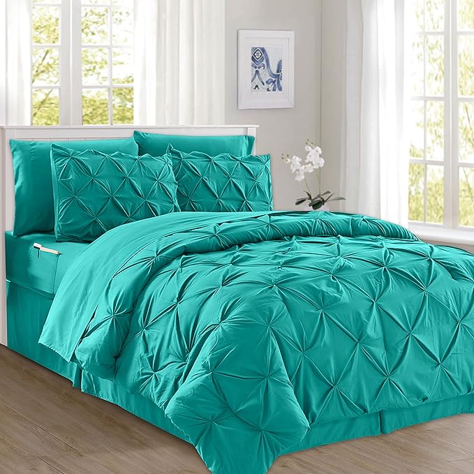 Elegant Comfort 8-Piece Pinch Pleated Comforter Set - All Season Complete Bed in a Bag, Includes 4pc Smart Sheet Set, Bed Skirt, Comforter, Matching Pillowcases and Shams, King/Cal King, Teal