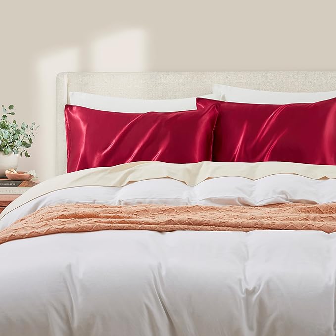 Wine Red King Size Satin Pillowcases Set of 2 for Hair and Skin,Wine Red Silk Pillowcase Breathable Pillowcase with Envelope Closure