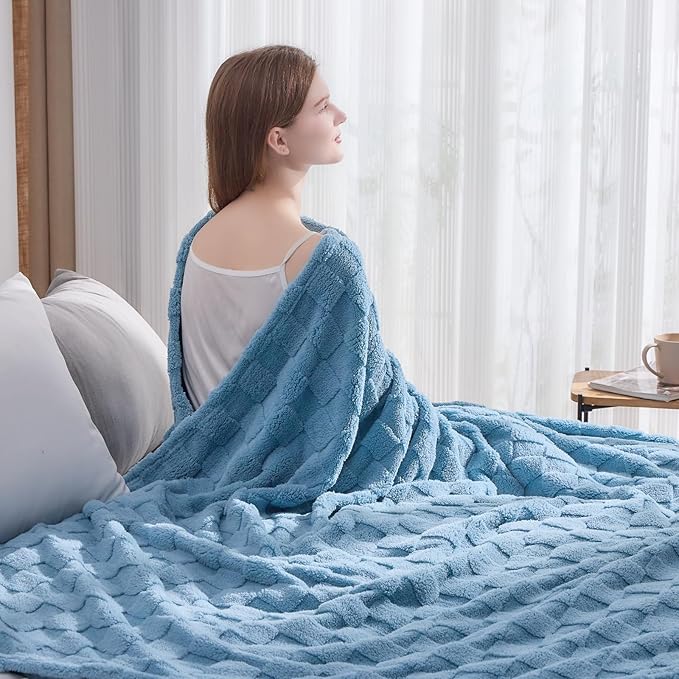 NEWCOSPLAY Super Soft Queen Blanket Blue Premium Silky Flannel Fleece 3D Checkered Lightweight Bed Blanket All Season Use (Blue Checkered, Queen(90"x90"))