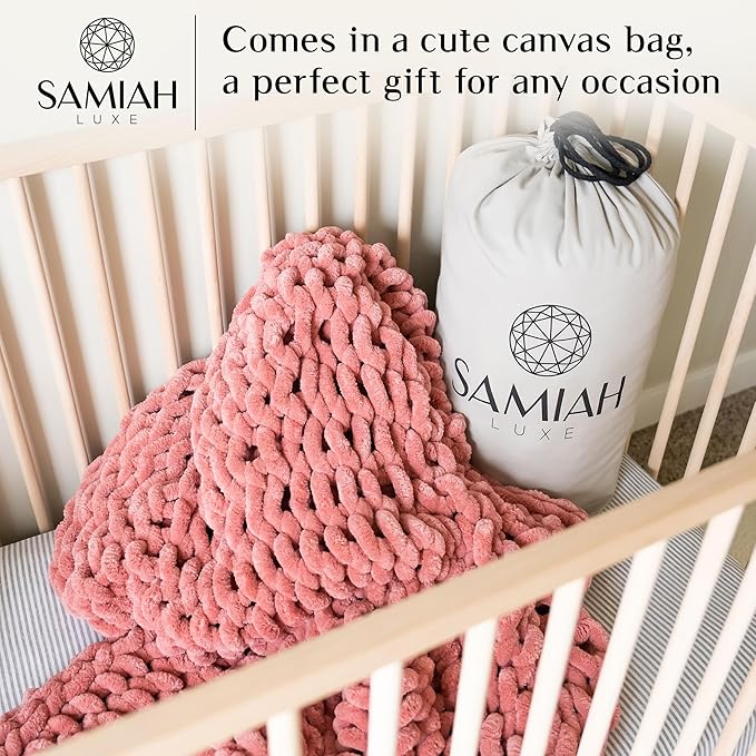 SAMIAH LUXE Chunky Knit Blanket Throw 50x30", Pink Chenille Chunky Knit Throw Blankets for Living Room Decor or Boho Decor, Personal Lap Blanket for Couch or Bed, Cable Knitted Crochet Lap Blankets