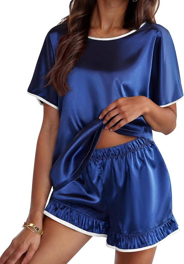 Ekouaer Satin Pajama Set for Women 2 Piece Silk Pjs Soft Short Sleeve Sleepwear Top with Ruffle Shorts S-XXL