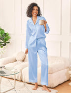 Ekouaer Womens Silk Satin Pajama Sets 2 Piece Sleepwear Pjs Set Long Sleeve Button Down Top and Pants Stripe Loungewear S-XXL