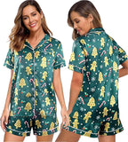 ASTANFY Silk Satin Pajama Set Womens Silk Satin 2 Piece Pjs Shorts Sleepwear Christmas Button Down Shirt Bride Pj Lounge Sets