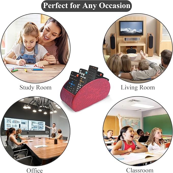 QIELIZI Remote Control Holder, PU Leather Remote Caddy Desktop Organizer with 5 Spacious Compartments for TV Remotes/Media Controllers/Office Supplies (1-Carved Red