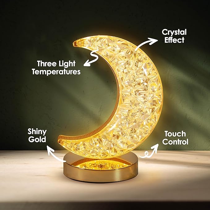 Luze ZE Crescent Moon Desk Lamp - Rechargeable Touch Lamp, 3 Brightness Levels, Dimmable Night Light for Bedroom & Kids Room, USB Rechargeable Bedside Lamp, Warm Light, Portable, Metal & Plastic