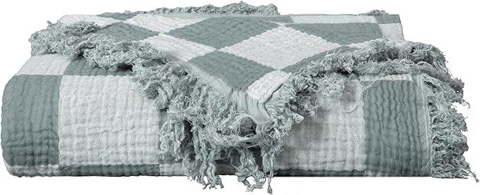 Chezmoi Collection Kendall Checkered Cotton Muslin Throw Blanket 50" W x 60" L, Knit Woven Gauze Blanket with Frayed Tassels for Bed Couch Travel Lightweight Breathable Cozy Throw, Gray/White
