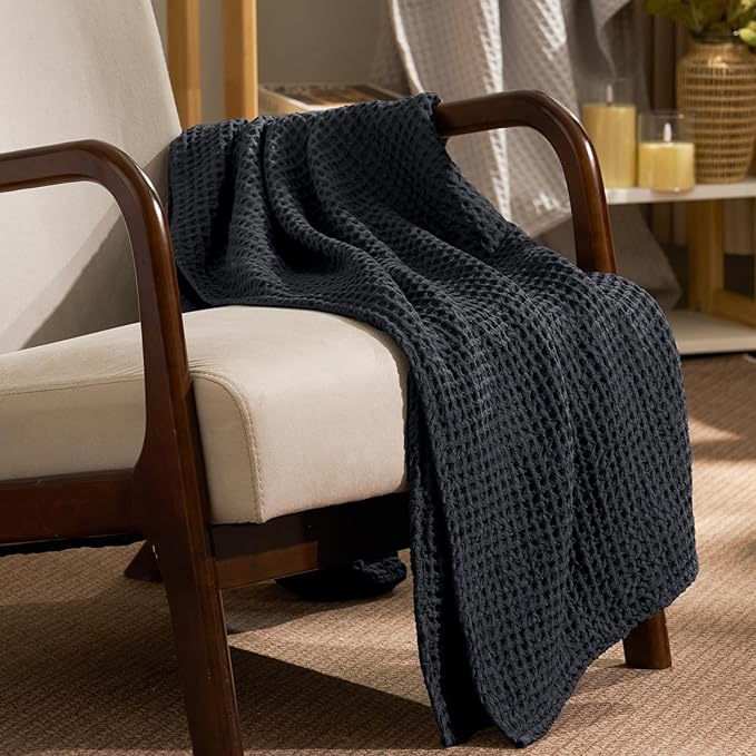PHF Ultra Soft Waffle Weave Throw Blanket 50"x 60"- Washed Lightweight Breathablee Cozy Woven Blanket - Great for Couch Bed Sofa Home Car - Black