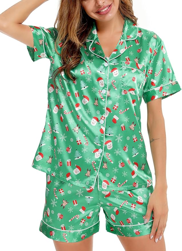 LecGee Womens Silk Satin Pajamas Short Sleeve Loungewear Two-Piece Sleepwear Button-Down Pj Set