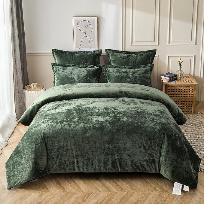 Fredsure Distressed Velvet Comforter Set, 5 Pieces Blackish Green Queen, Distressed Velvet Face and Brushed Microfiber Reverse