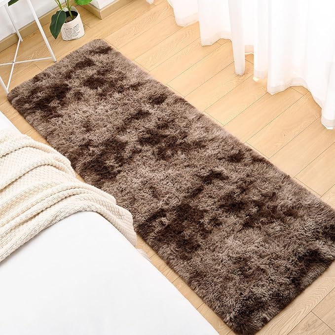 Softlife Area Rug for Bedroom, Fluffy Shag Plush Tie Dyed Brown Rugs for Living Room Girls, Shaggy Throw Carpet for Kids Soft Fuzzy Runner Small 2x6 Runners for Hallways Dorm