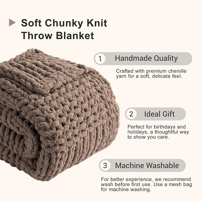 Bunnikins & Clover Beige Throw Blanket for Couch, Chunky Knit Beige Throw for Bed, Neutral Throw Blankets Tan Throw Blanket for Room Decor Housewarming Gifts, 50"x60"