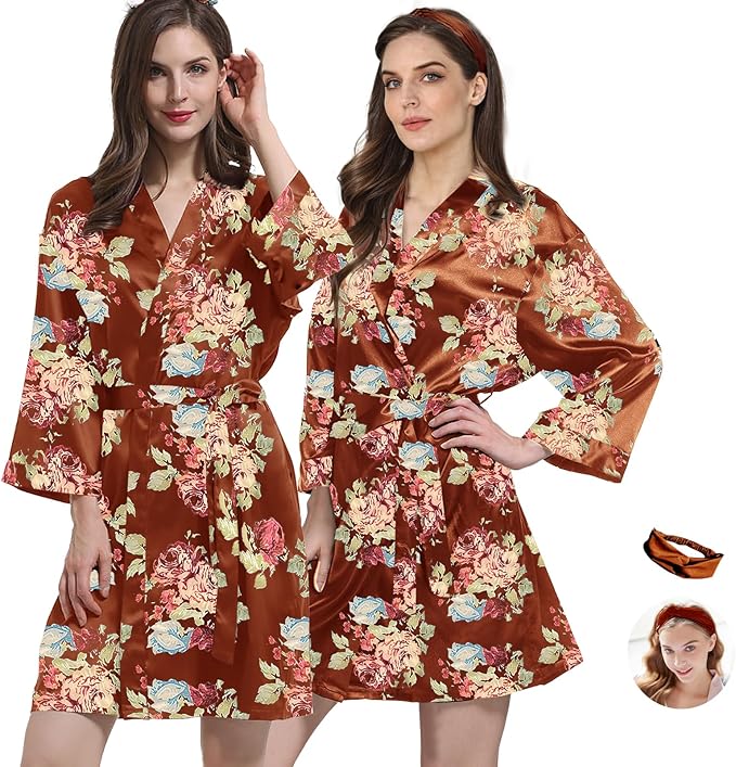 WJing Yi Jia 2Pcs Womens Floral Kimono Robe Silk Robes Bride Bridesmaid Satin Robes Bridal Dressing Gown Silky Bathrobe