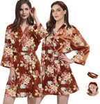 WJing Yi Jia 2Pcs Womens Floral Kimono Robe Silk Robes Bride Bridesmaid Satin Robes Bridal Dressing Gown Silky Bathrobe