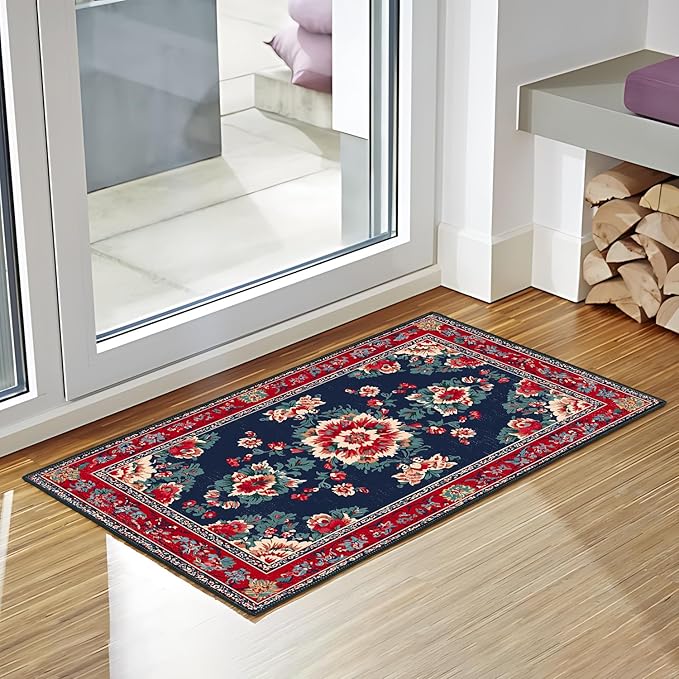 Area Rug 2x3 ft Entry Rug Washable Boho Rugs Non Slip Low Pile Floral Door Mat Small Carpet for Bedroom, Bedside, Kids Room,Dining Room